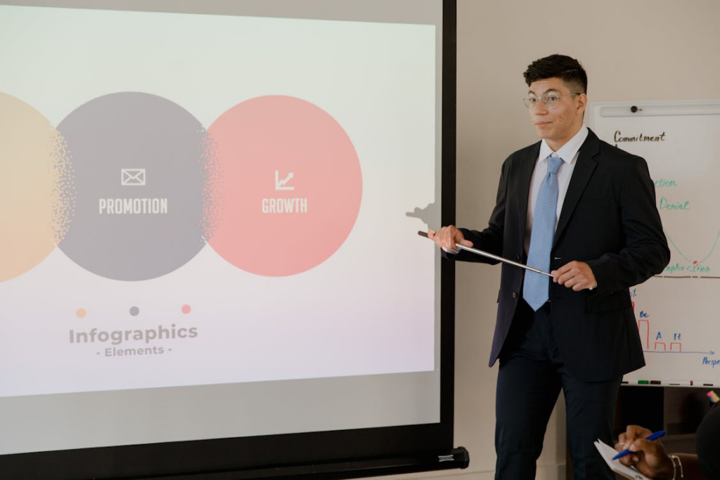 A man giving a presentation using infographics